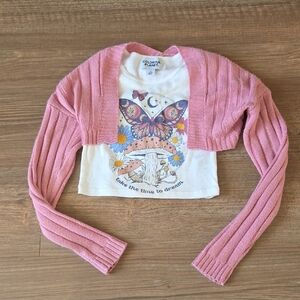 Pink Cropped Cardigan with Graphic Tee